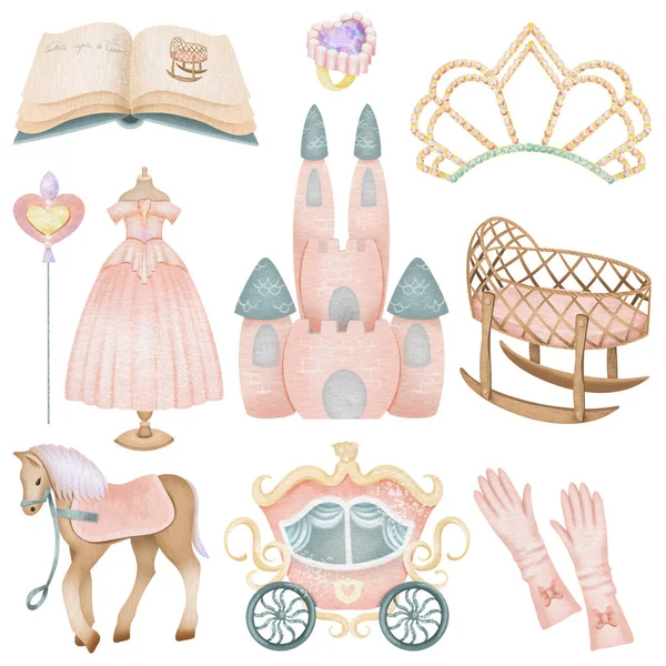Набор Акварельных Элементов Принцессы Розовое Платье Принцессы Замок Корона Изолированные — стоковое фото