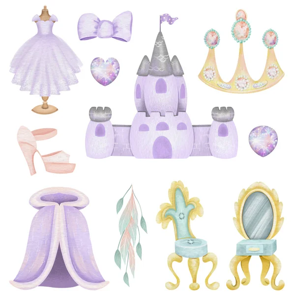 Conjunto Elementos Princesa Acuarela Vestido Princesa Púrpura Castillo Corona Etc —  Fotos de Stock