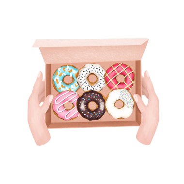Ellerin renkli yuvarlak donut kutusunu tutuşu, beyaz arka planda elle çizilmiş suluboya çizimi.