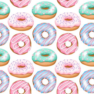 Pembe, mavi ve mavi renkli donutların pürüzsüz deseni, beyaz arka planda elle çizilmiş suluboya çizimi