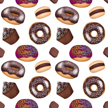 Çikolatalı donutların, kurabiyelerin ve keklerin kusursuz deseni, beyaz arka planda resimler.
