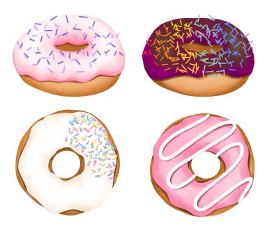 Renkli, yuvarlak donutlar, beyaz arka planda el çizimi, suluboya çörekler.