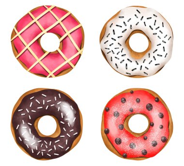 Renkli, yuvarlak donutlar, beyaz arka planda el çizimi, suluboya çörekler.