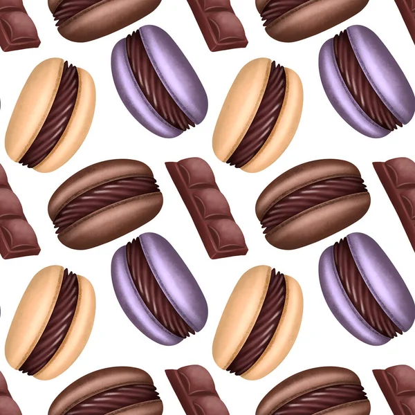 Seamless Pattern Chocolate Macarons Chocolate Bar Illustration White Background — Stock Photo, Image
