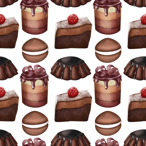 Seamless Pattern Aesthetic Chocolate Cakes Illustration White Background — Stock Photo, Image