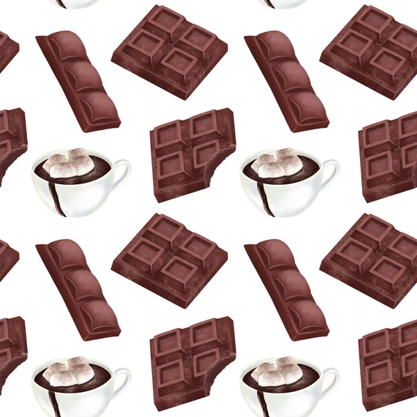 Naadloos Patroon Van Warme Chocolademelk Met Marshmallow Chocoladereep Illustratie Witte — Stockfoto