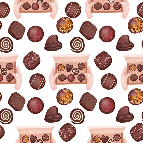 Nahtloses Muster Von Schokoladenbonbons Illustration Auf Weißem Hintergrund — Stockfoto