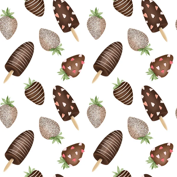Nahtloses Erdbeermuster Schokolade Und Schokolade Stiel Illustration Auf Weißem Hintergrund — Stockfoto