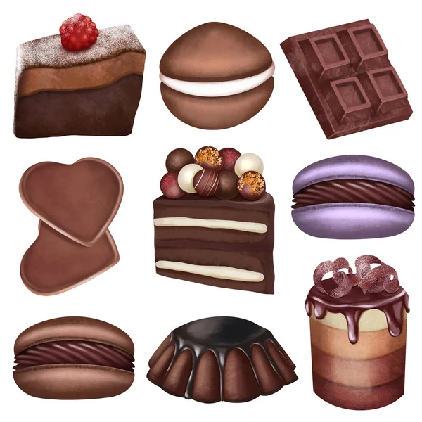 Set of aesthetic chocolate cakes and macarons, isolated illustration on white background, chocolate desserts clipart