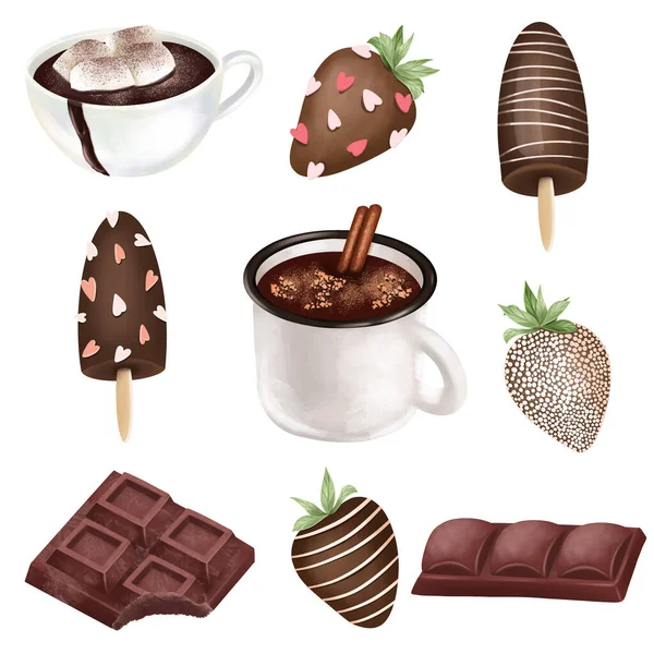 Csokoládé Cukorka Forró Csokoládé Készlet Elszigetelt Illusztráció Fehér Alapon Csokoládé — Stock Fotó
