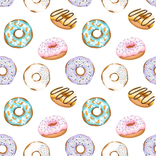 Renkli Yuvarlak Donutların Kusursuz Deseni Beyaz Arka Planda Elle Çizilmiş — Stok fotoğraf