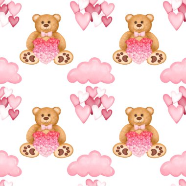 Sevimli oyuncak ayı ve kalplerle kusursuz desen, beyaz arka planda illüstrasyon, Sevgililer Günü baskısı