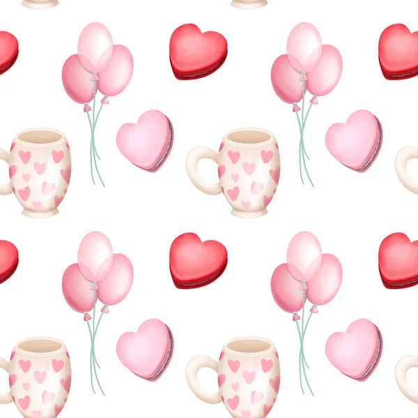 无缝隙图案 有粉色气球 杯子和金银花 白色背景图解 情人节印刷品 — 图库照片