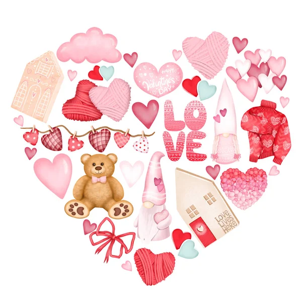 バレンタインデーへのかわいいピンクの要素のハート組成 バレンタインデーへのグリーティングカードテンプレート 白い背景に孤立したイラスト — ストック写真