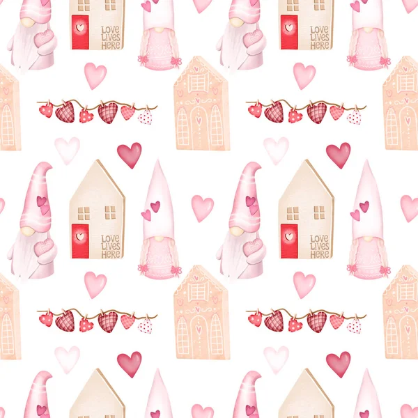 Bezproblémový Vzor Roztomilými Dřevěnými Domy Skřítky Ilustrace Bílém Pozadí Valentýnský — Stock fotografie