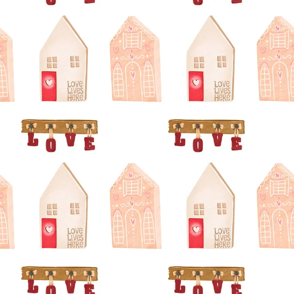 Bezproblémový Vzor Roztomilými Dřevěnými Domky Dekorativními Písmeny Love Ilustrace Bílém — Stock fotografie