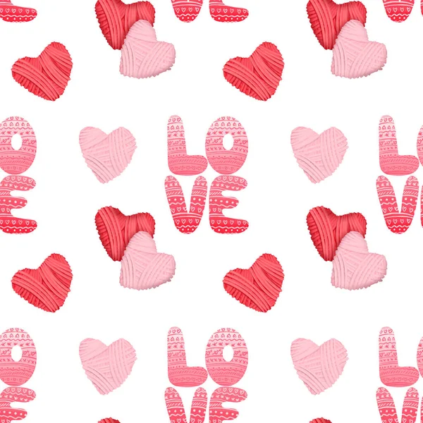 ピンクと赤の糸のハートとLoveの文字 白を基調としたイラスト バレンタインデーのプリント — ストック写真