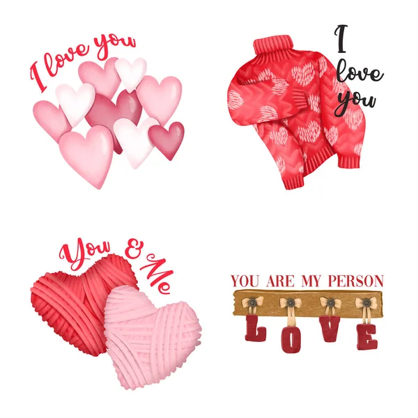 Ilustrace Roztomilých Prvků Nápisy Lásce Textová Šablona Pro Blahopřání Valentýnu — Stock fotografie