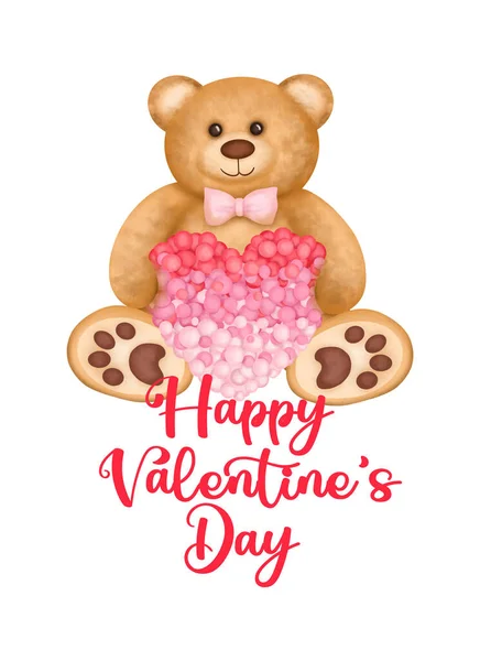 Greeting Card Template Cute Teddy Bear Pink Heart Valentine Day — Stock Photo, Image