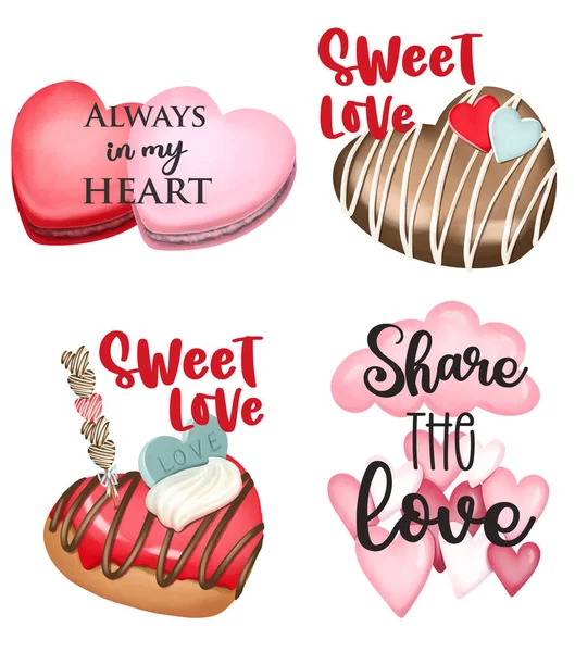 Illustraties Van Zoete Desserts Met Inscripties Liefde Tekstsjabloon Voor Wenskaart — Stockfoto