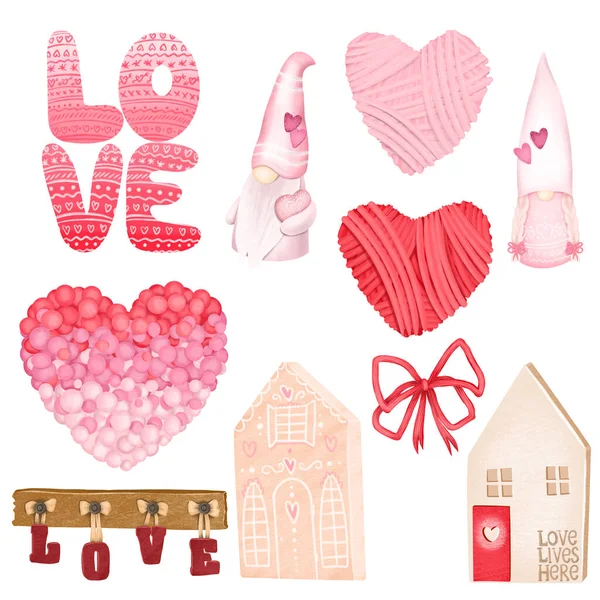 ピンク色の可愛いイラストからバレンタインデー ピンクと赤のハート かわいいノーム 木造住宅 白を基調とした孤立したイラストのセット — ストック写真