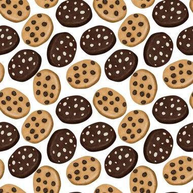Seamless pattern of watercolor cookies with chocolate chips, illustration on white background