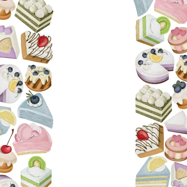Borders Aesthetic Cakes Pastry Hand Drawn Illustration White Background Flyer — Stock Photo, Image