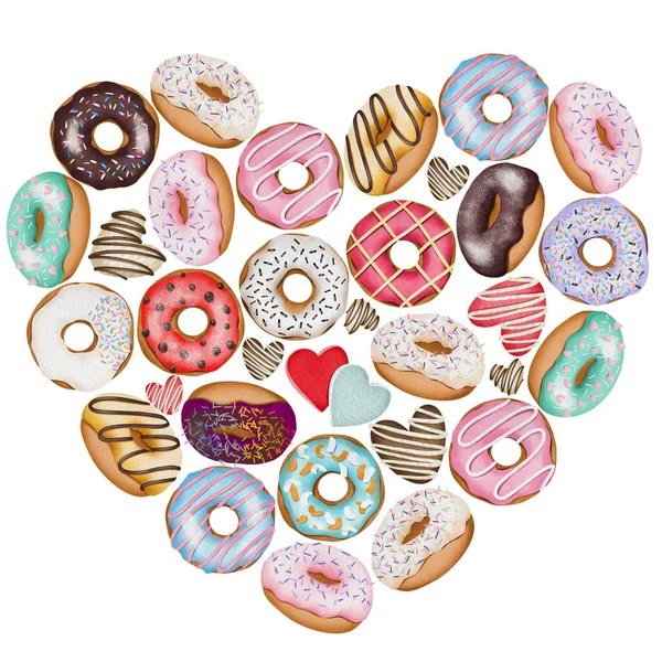 Heart Silhouette Colorful Glazed Donuts Hand Drawn Illustration White Background — Photo