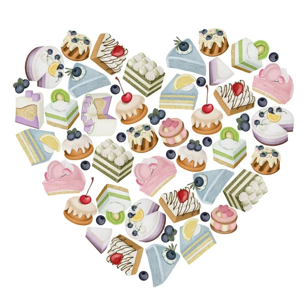 Heart Silhouette Aesthetic Cakes Pastry Hand Drawn Illustration White Background — Stock Photo, Image