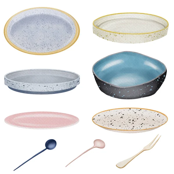 Set Ceramic Plates Dessert Spoons Forks Illustration Plates Clipart Isolated — Stock Photo, Image