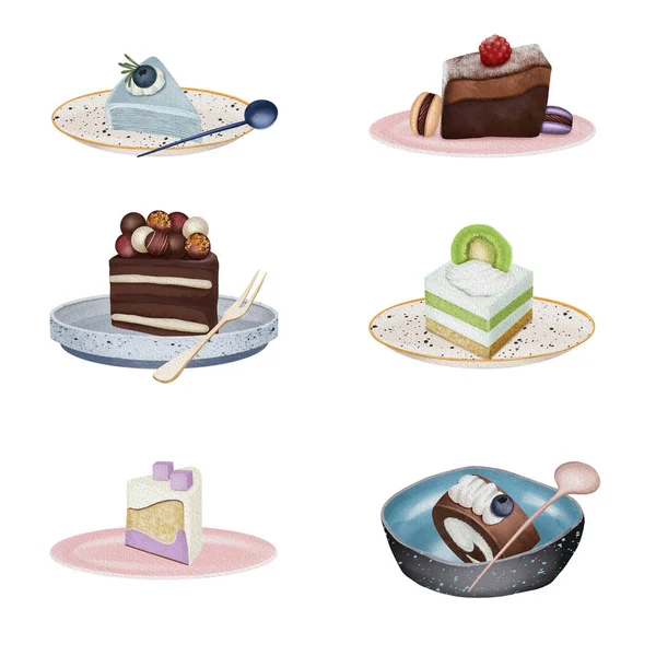 皿の上の水彩画の美的デザートとお菓子のセット ベーキングクリップ 白い背景に孤立したイラスト — ストック写真