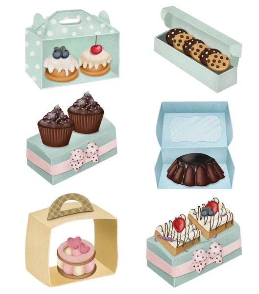 Set Watercolor Aesthetic Desserts Confectionery Packaging Boxes Baking Clipart Isolated — Stock Photo, Image