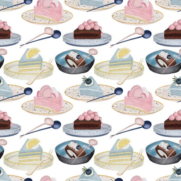 Seamless Pattern Watercolor Aesthetic Desserts Confectionery Plates Illustration White Background — Stock Photo, Image