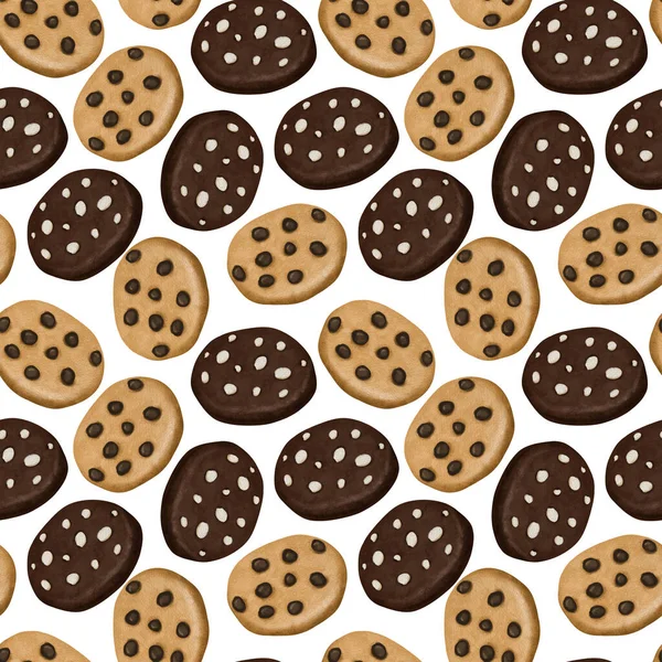 Seamless Pattern Watercolor Cookies Chocolate Chips Illustration White Background — Foto Stock