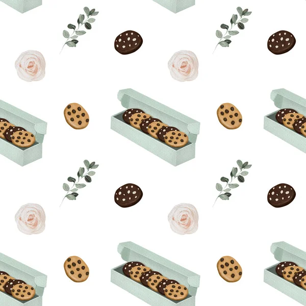 Seamless Pattern Watercolor Cookies Chocolate Chips Roses Eucalyptus Branches Illustration — Foto Stock