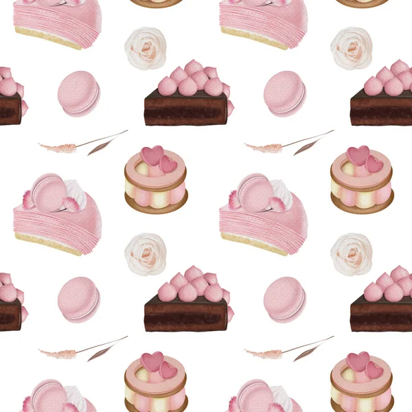 Seamless pattern of watercolor aesthetic pink desserts and confectionery, macaroons and flowers, illustration on white background
