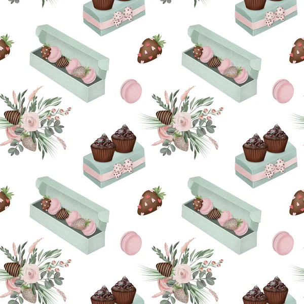 Seamless Pattern Watercolor Aesthetic Chocolate Muffins Macaroons Strawberry Chocolate Mint — Stock Photo, Image