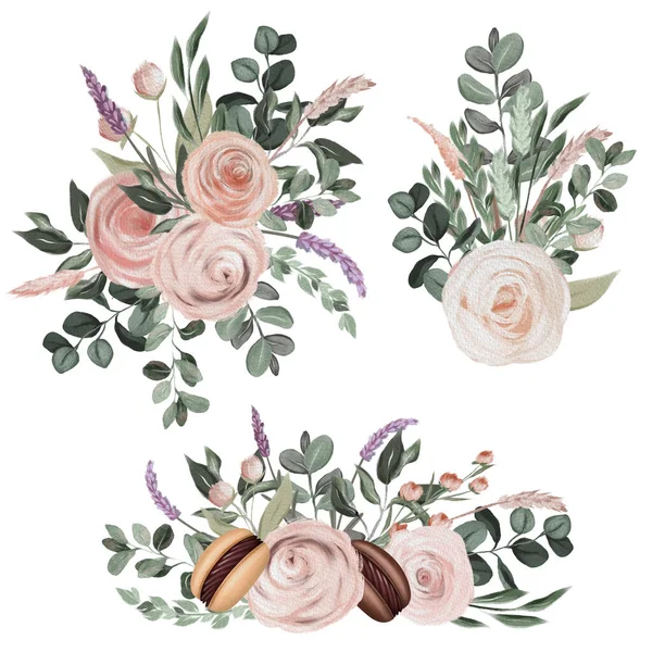 Watercolor Rose Bouquets Macaroons Isolated Illustration White Background — Stock Photo, Image