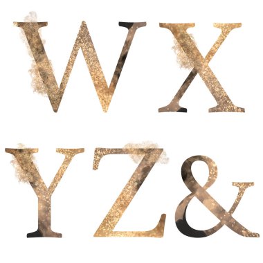 Altın harfler W-Z, &, beyaz arkaplanda izole edilmiş illüstrasyon, düğün monogramı, tebrik kartları, logo