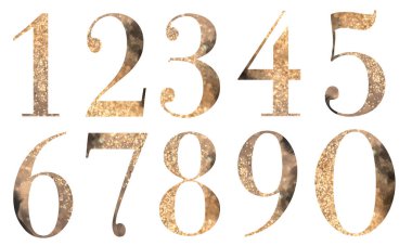 Set of gold numbers, isolated illustration on white background, for wedding monogram, greeting cards, logo