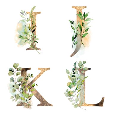 Set of gold letters I-L with watercolor eucalyptus and greenery branches, isolated illustration on white background, for wedding monogram, greeting cards, logo