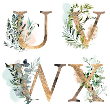 Set of gold letters U-X with watercolor eucalyptus and greenery branches, isolated illustration on white background, for wedding monogram, greeting cards, logo