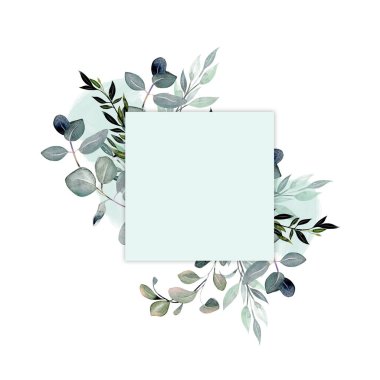 Square frame decorated with watercolor greenery branches, hand drawn on a white background