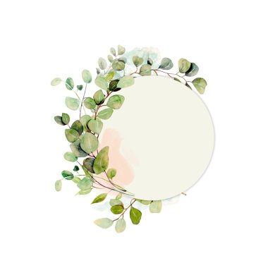 Round frame decorated with watercolor eucalyptus branches, hand drawn on a white background