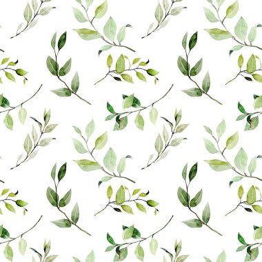 Seamless pattern of watercolor greenery branches, illustration on a white background