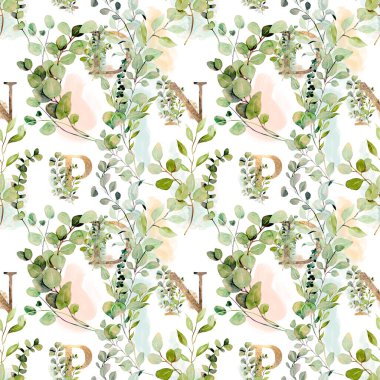 Seamless pattern of gold letters and watercolor eucalyptus branches, illustration on a white background