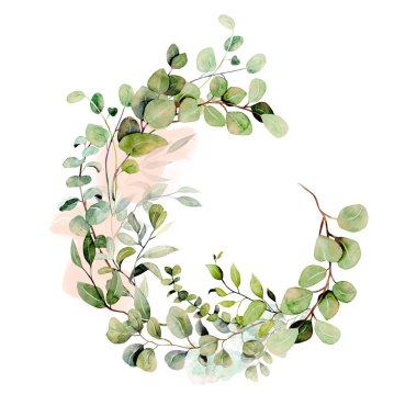 Wreath of watercolor eucalyptus and greenery branches, hand drawn on a white background