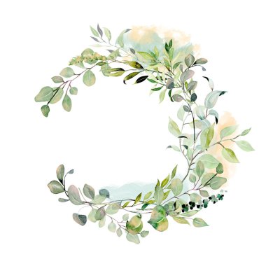 Wreath of watercolor eucalyptus and greenery branches, hand drawn on a white background