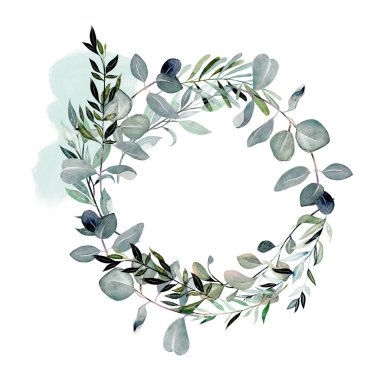 Wreath of watercolor eucalyptus and greenery branches, hand drawn on a white background
