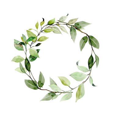 Wreath of watercolor green branches, hand drawn on a white background